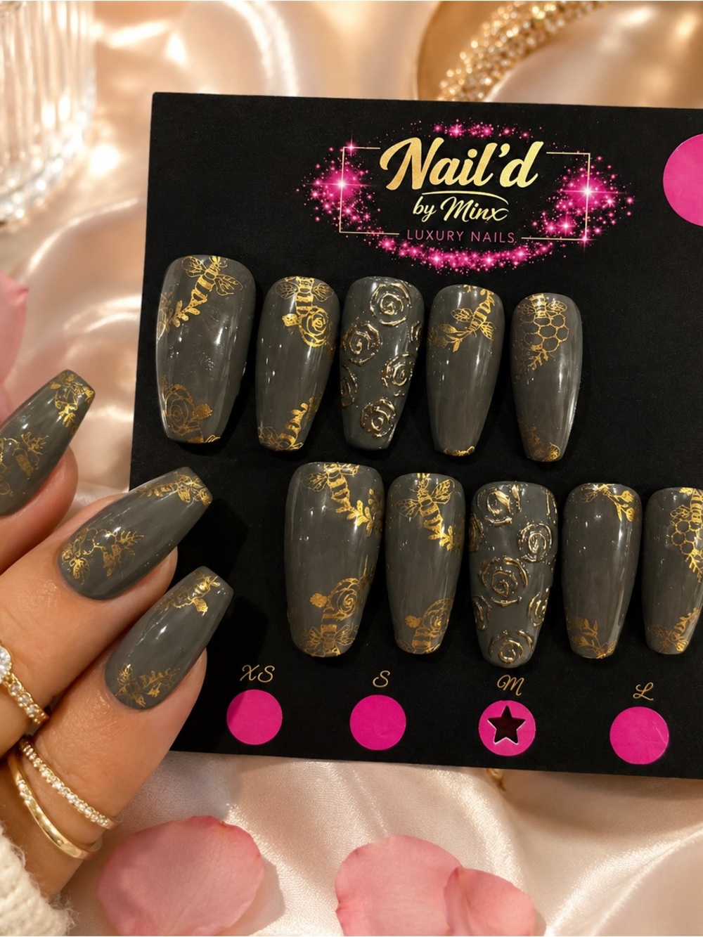 Handmade Press On Nails Medium Gray Gold Floral Honeycomb Coffin Nails NWT